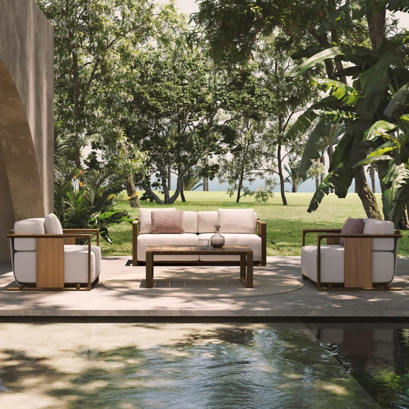 Canapé TULUM de VONDOM au bord d'un bassin sous les arbres