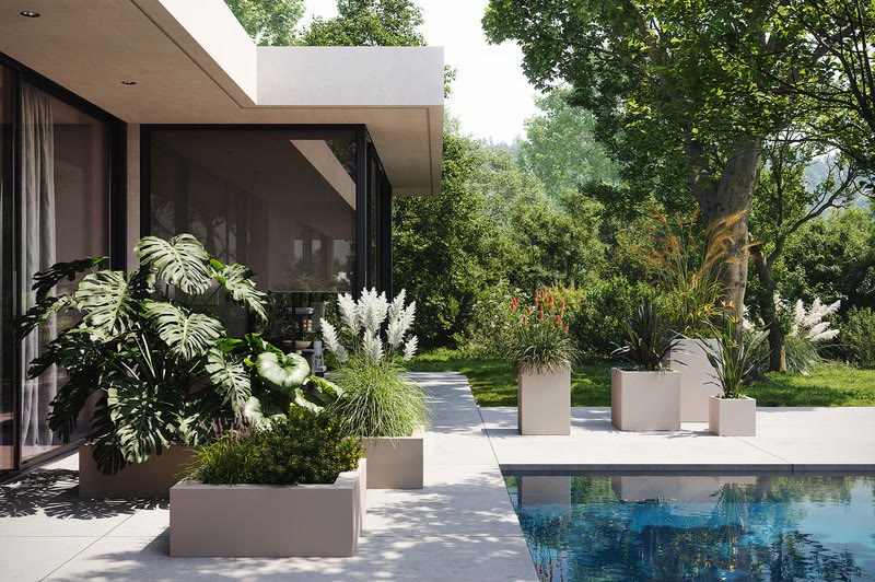 Jardinière basse LAND de VONDOM dans un jardin
